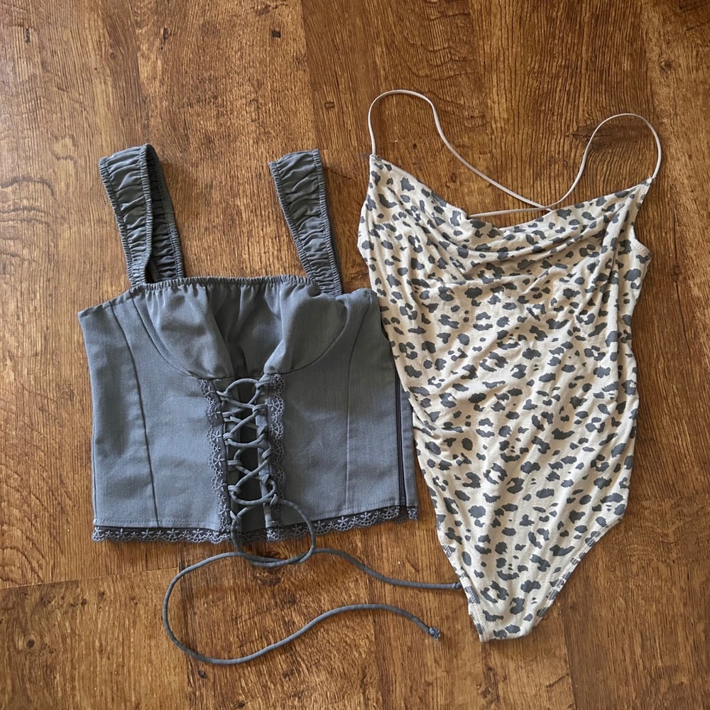 L.A. Hearts Grey Lace Up Corset Crop Top & Abercrombie Cowl Neck Bodysuit Bundle